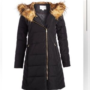 Cole Haahn Taffeta quilted down coat w/faux fur lining & trim at hood size Small